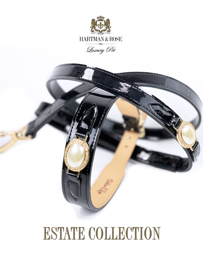 Estate Dog Collar in Black Patent, Cream Pearl & Gold